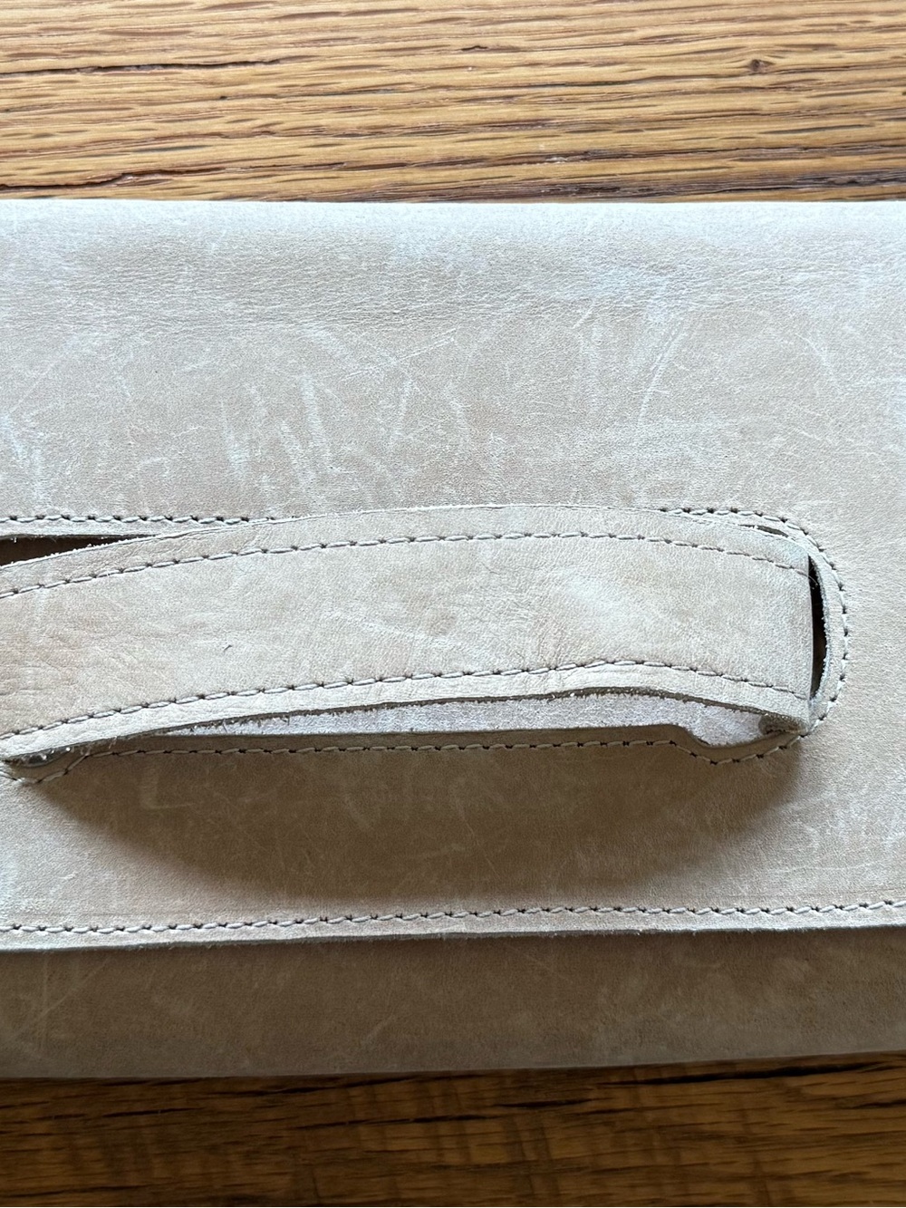 Able Beige Suede Wristlet Clutch with Top Handle